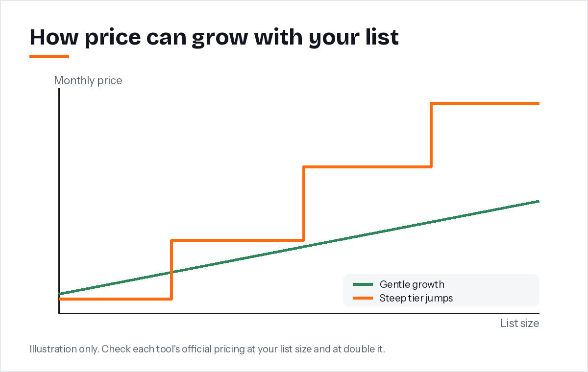 Chart showing how monthly email marketing cost grows with list size