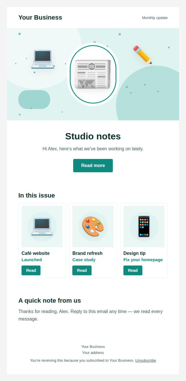 Monthly newsletter email template for freelancers and creatives — full preview