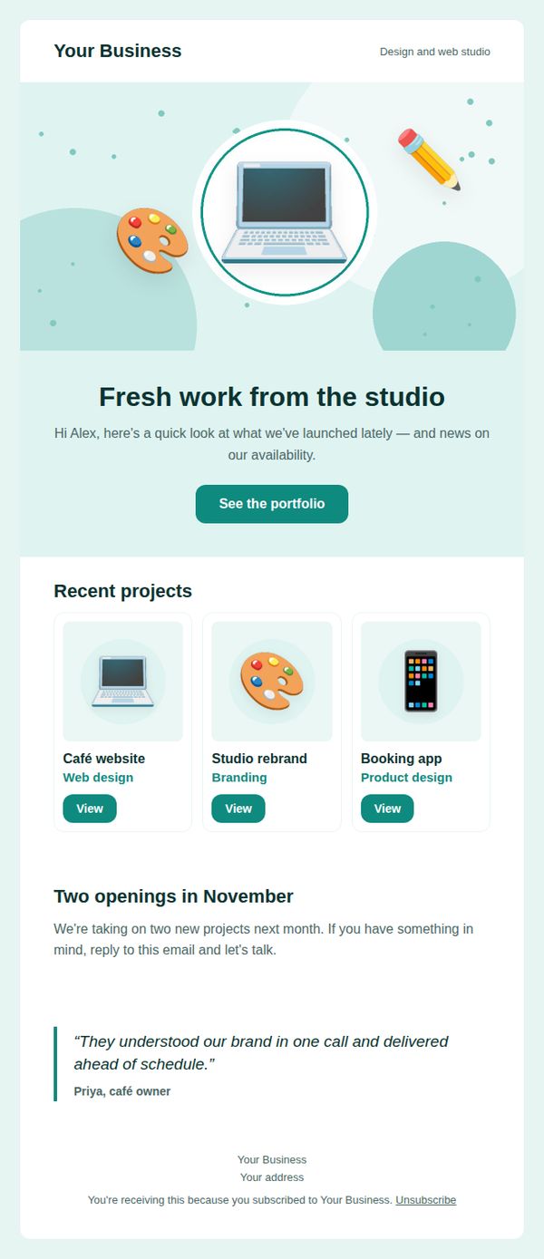 Recent work showcase email template for freelancers and creatives — full preview