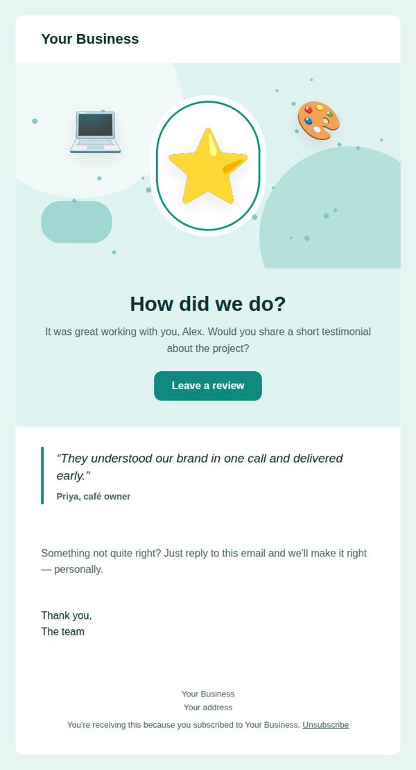 Review request email template for freelancers and creatives — full preview