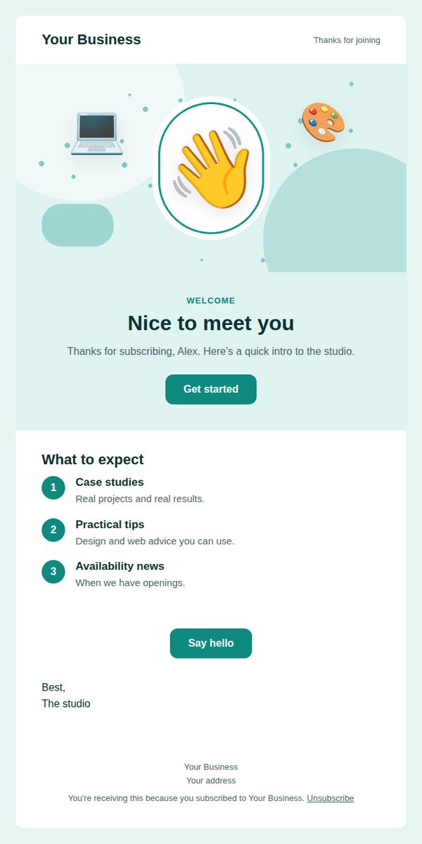 Welcome email email template for freelancers and creatives — full preview