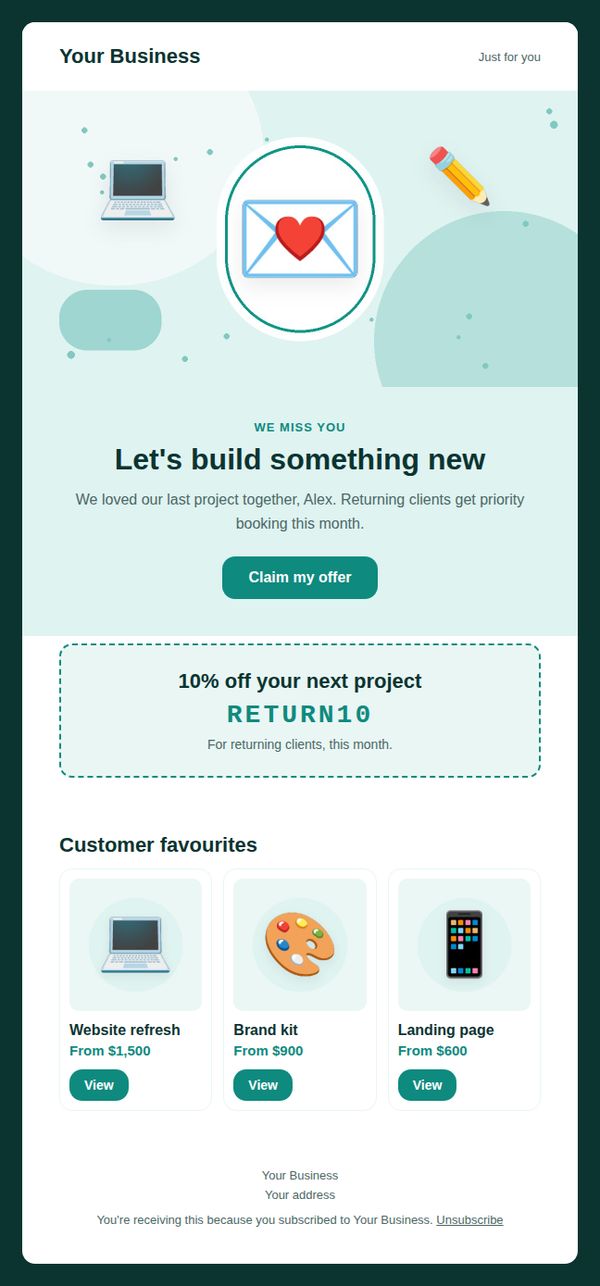 Win-back offer email template for freelancers and creatives — full preview