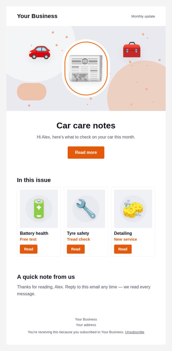 Monthly newsletter email template for automotive and car care — full preview