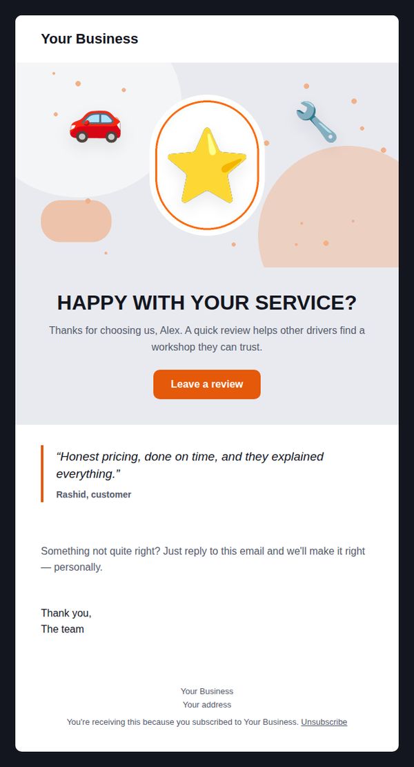 Review request email template for automotive and car care — full preview