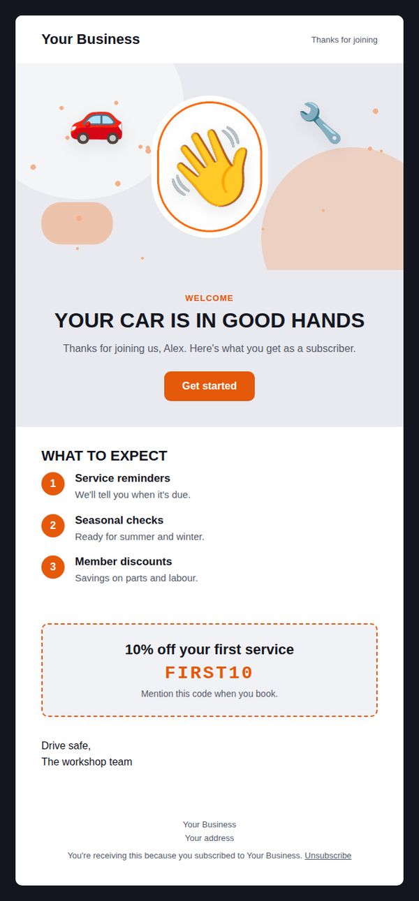 Welcome email email template for automotive and car care — full preview