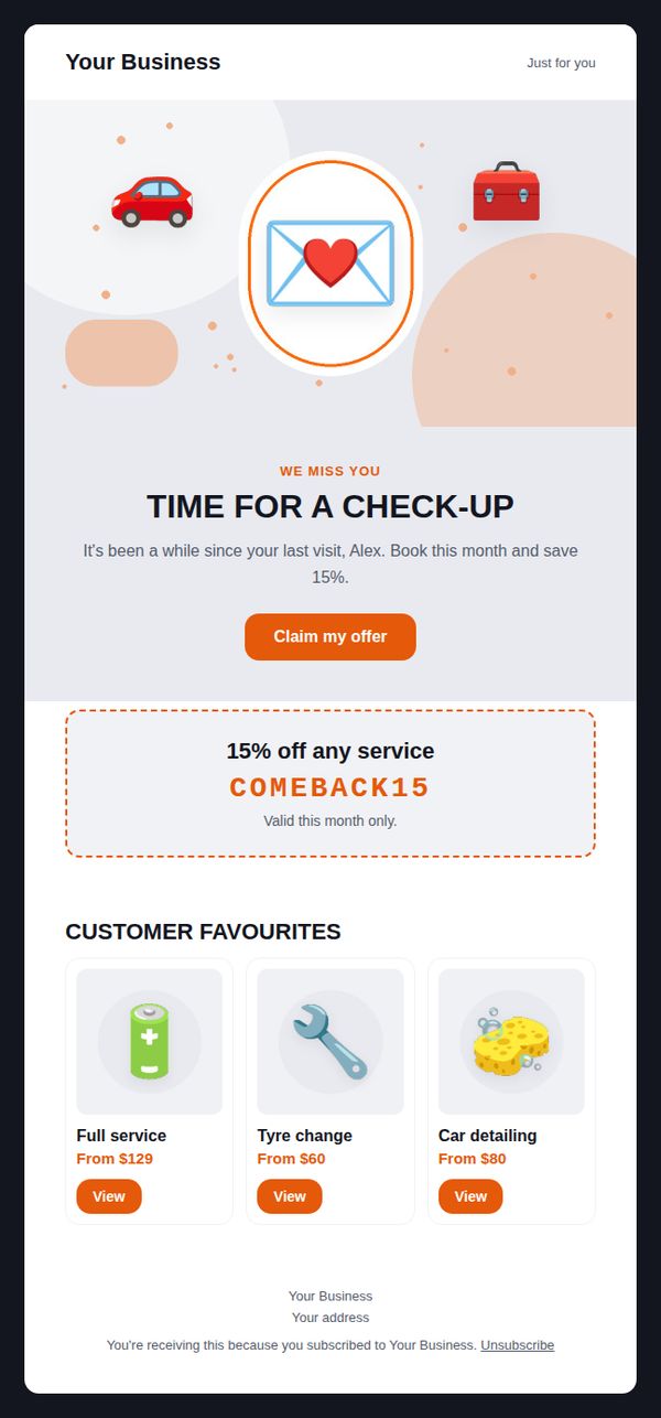 Win-back offer email template for automotive and car care — full preview