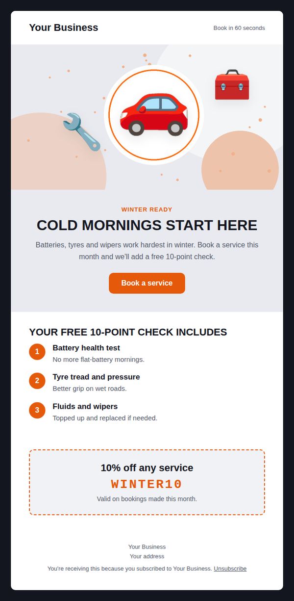 Seasonal service reminder email template for automotive and car care — full preview