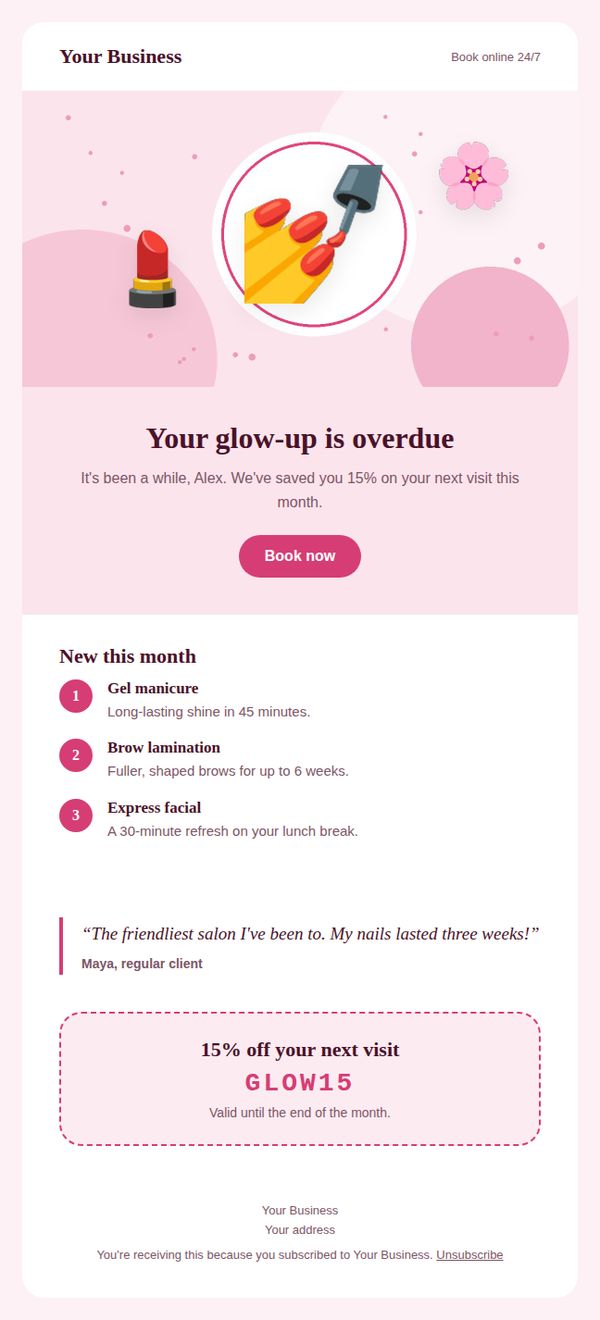 Example of a well-designed email with a clear headline, image, one button and footer