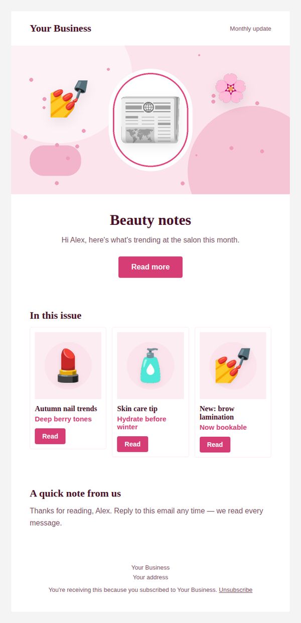Monthly newsletter email template for beauty and salons — full preview