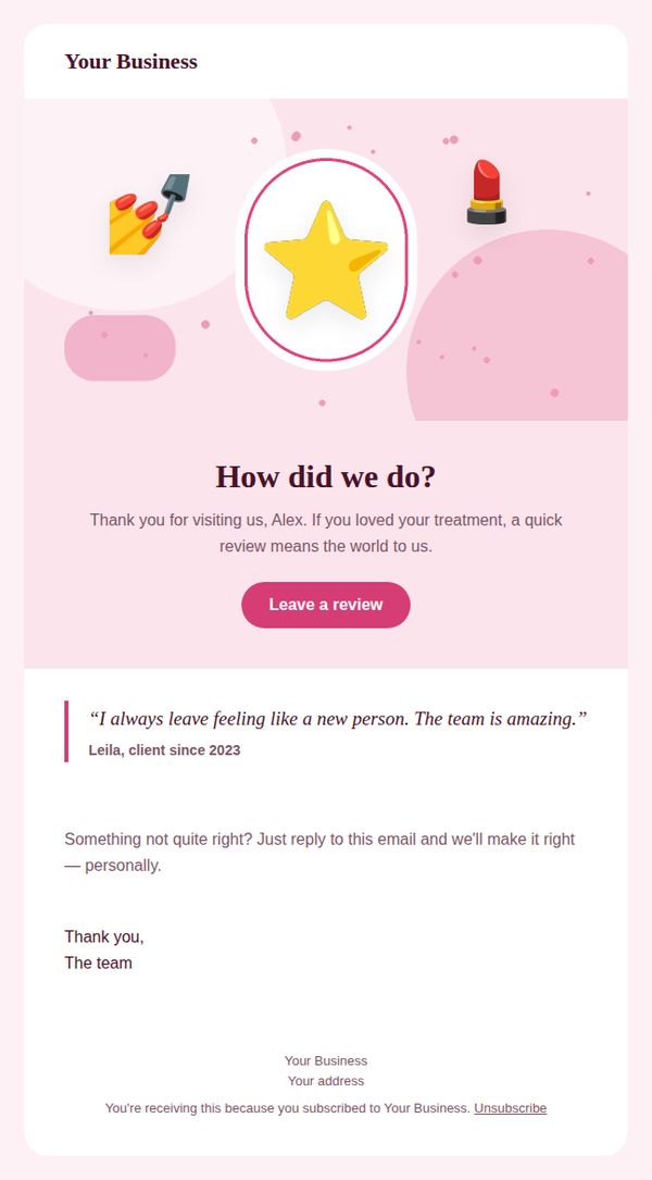 Review request email template for beauty and salons — full preview