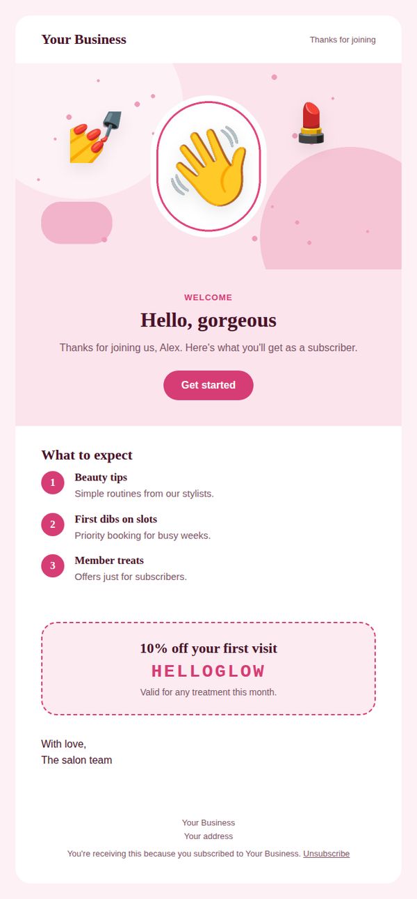 Welcome email email template for beauty and salons — full preview