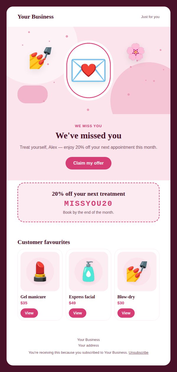 Win-back offer email template for beauty and salons — full preview