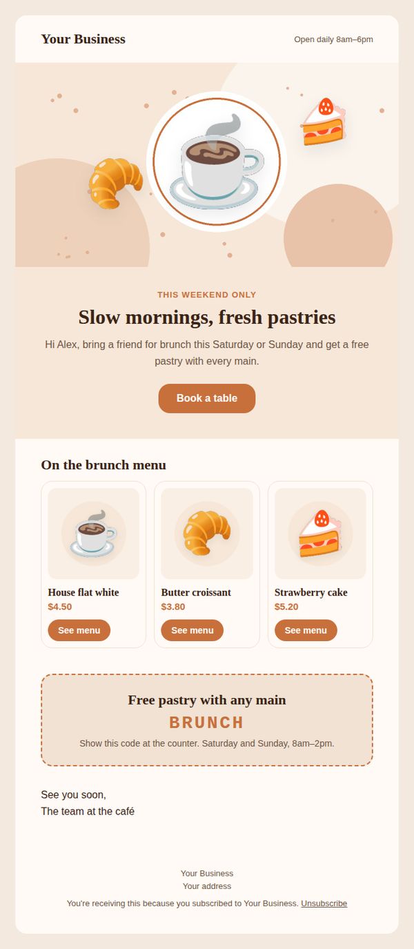 Weekend brunch offer email template for restaurants and cafés — full preview