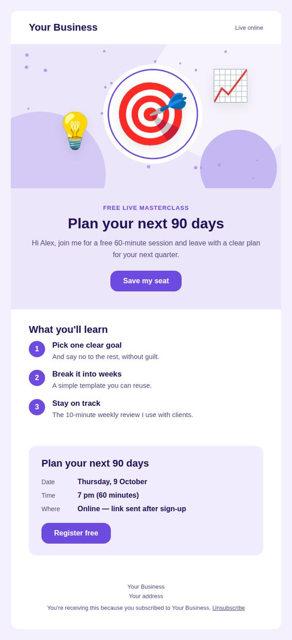Free masterclass invite email template for coaching and consulting — full preview