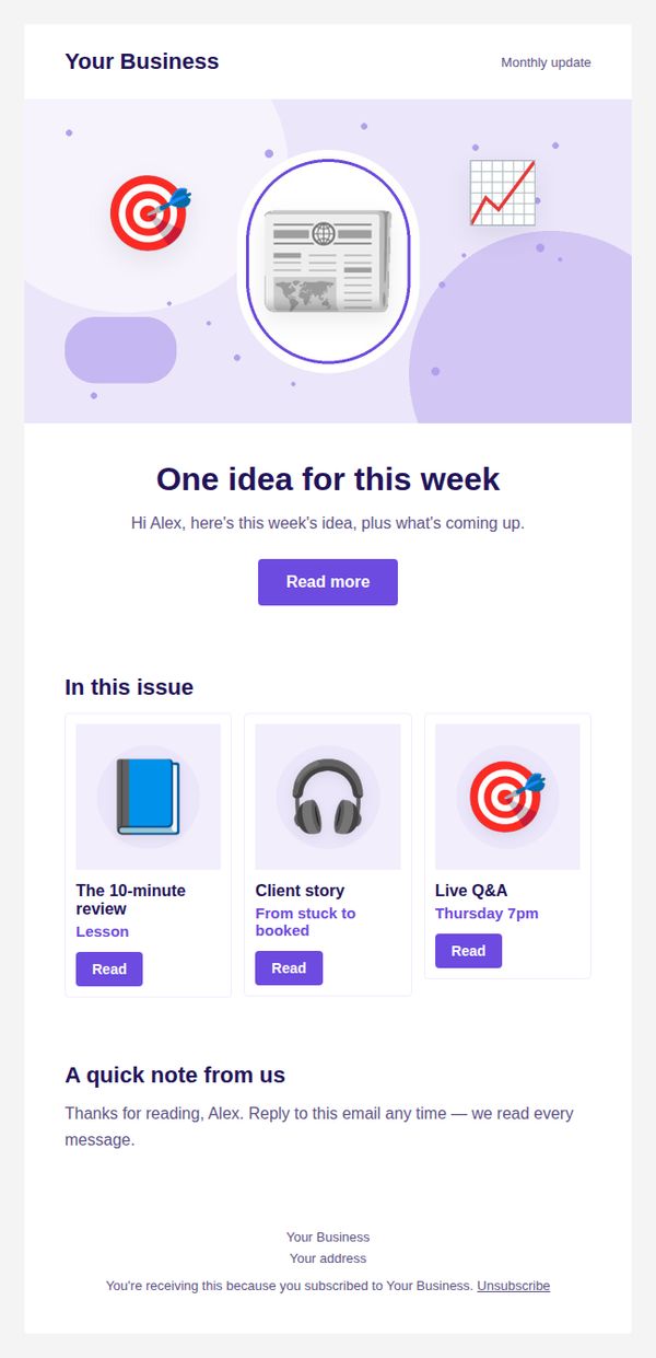 Monthly newsletter email template for coaching and consulting — full preview