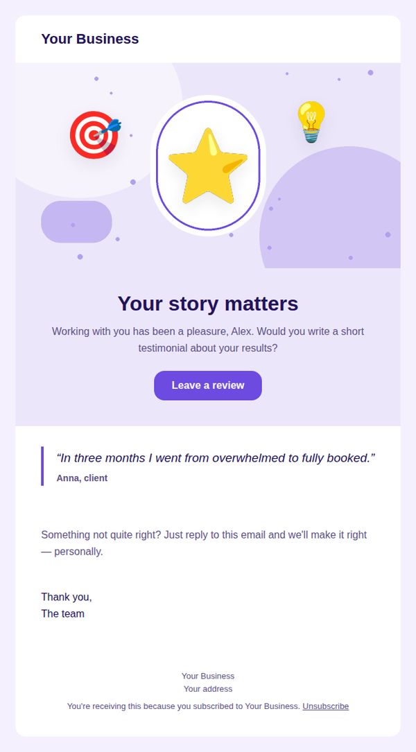 Review request email template for coaching and consulting — full preview