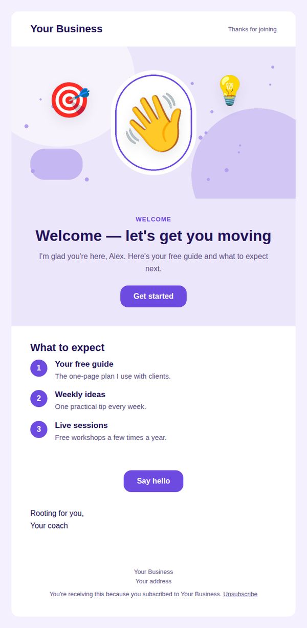 Welcome email email template for coaching and consulting — full preview