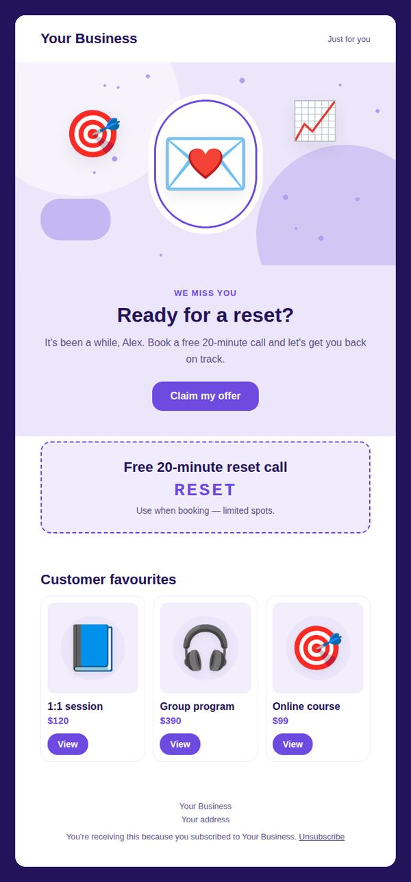 Win-back offer email template for coaching and consulting — full preview