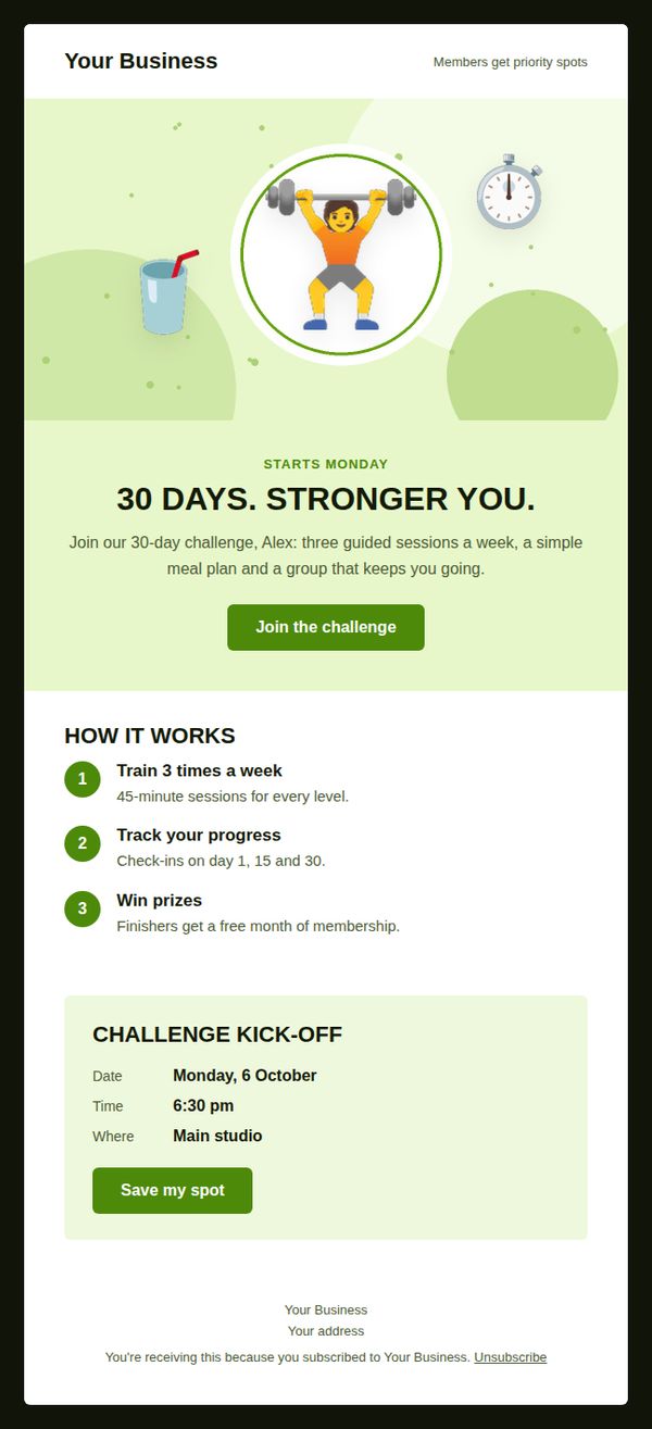 30-day challenge invite email template for fitness and gyms — full preview