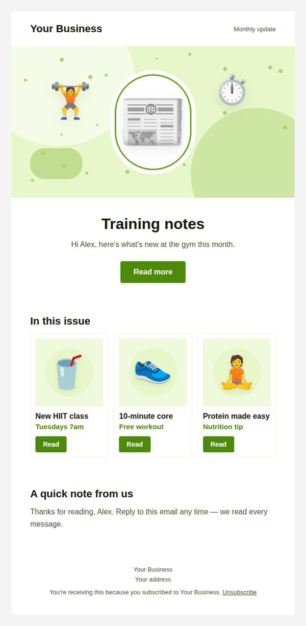 Monthly newsletter email template for fitness and gyms — full preview
