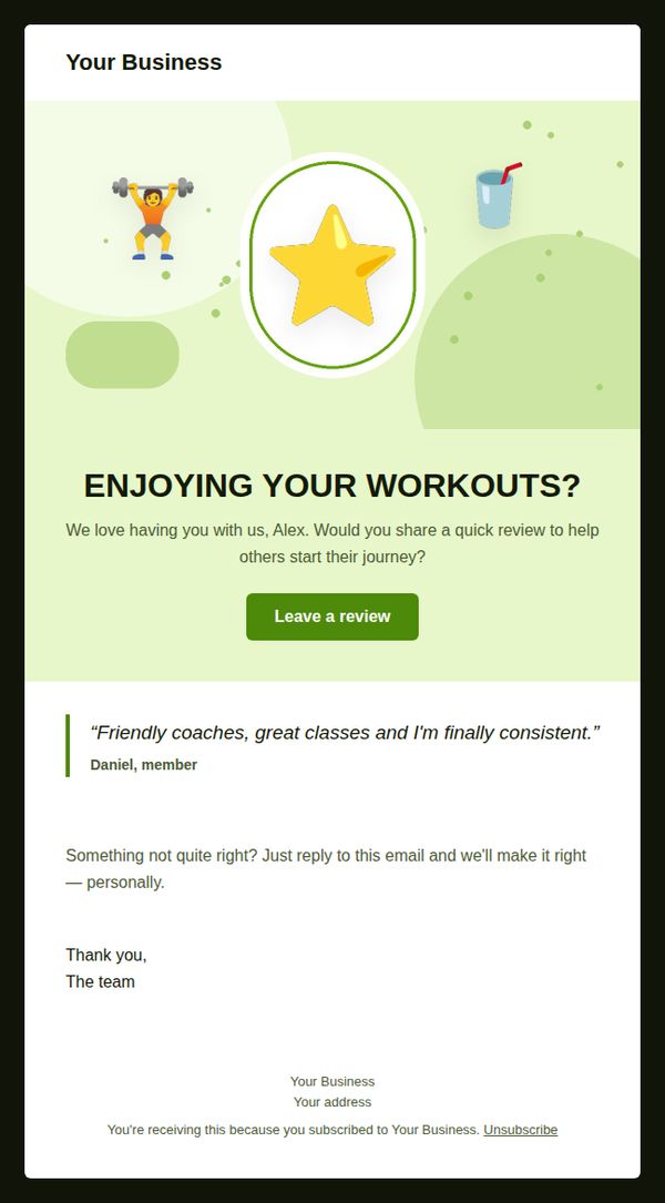 Review request email template for fitness and gyms — full preview