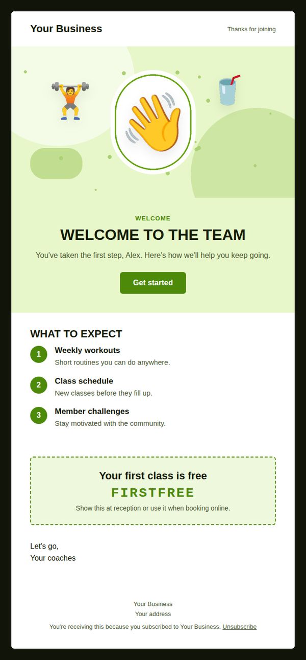 Welcome email email template for fitness and gyms — full preview