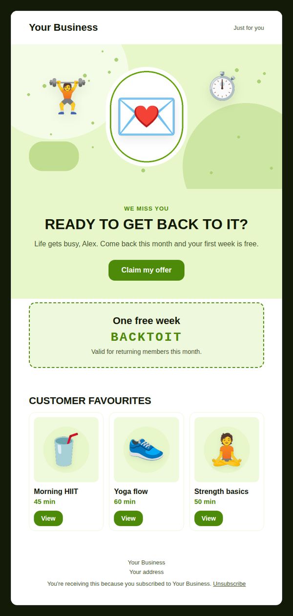 Win-back offer email template for fitness and gyms — full preview
