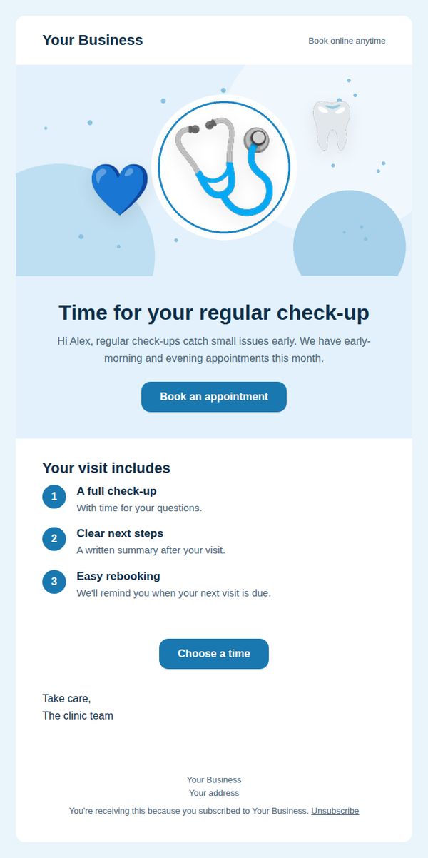 Check-up reminder email template for health and clinics — full preview