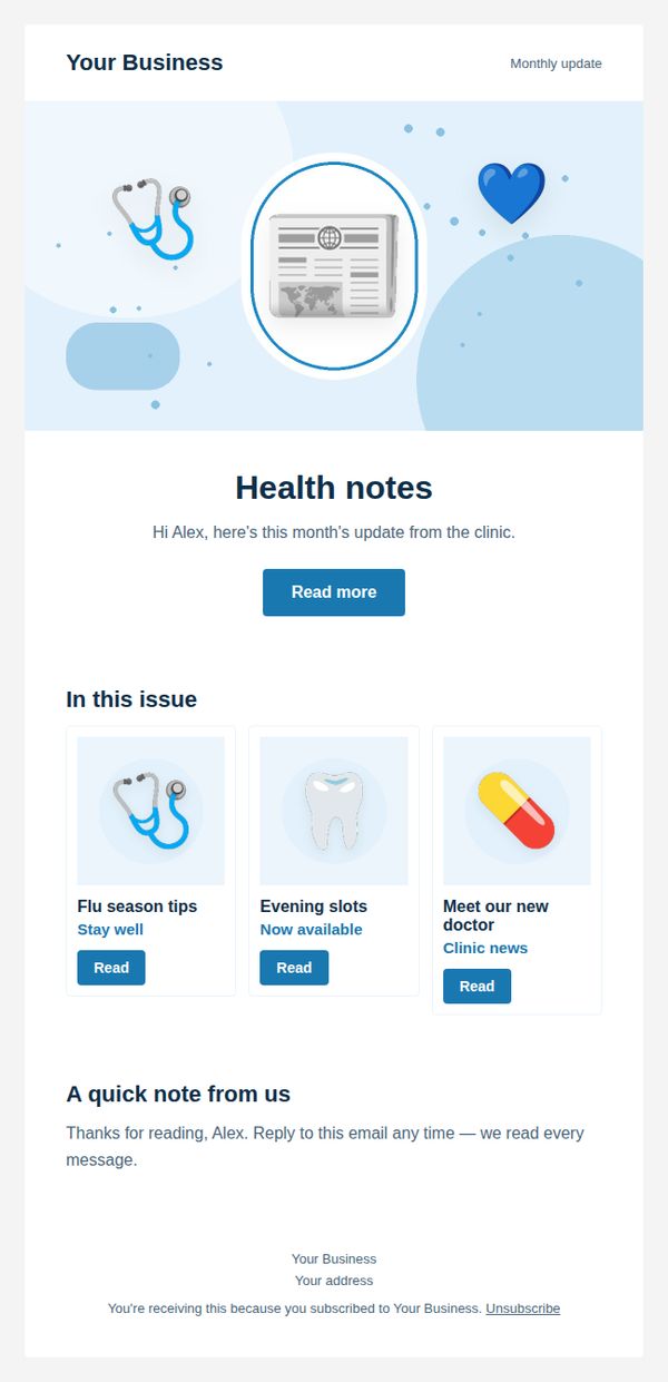Monthly newsletter email template for health and clinics — full preview
