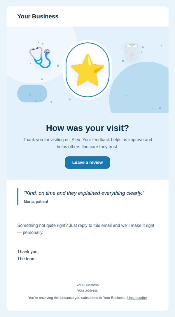 Review request email template for health and clinics — full preview