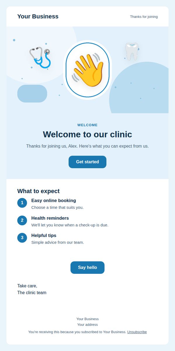 Welcome email email template for health and clinics — full preview