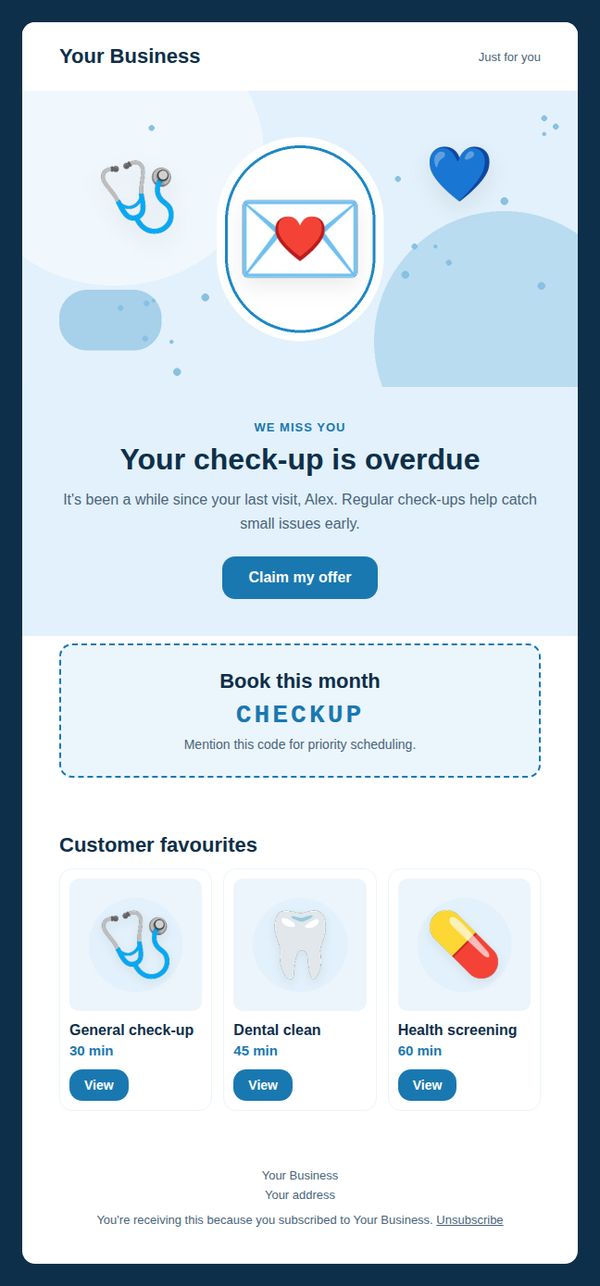 Win-back offer email template for health and clinics — full preview