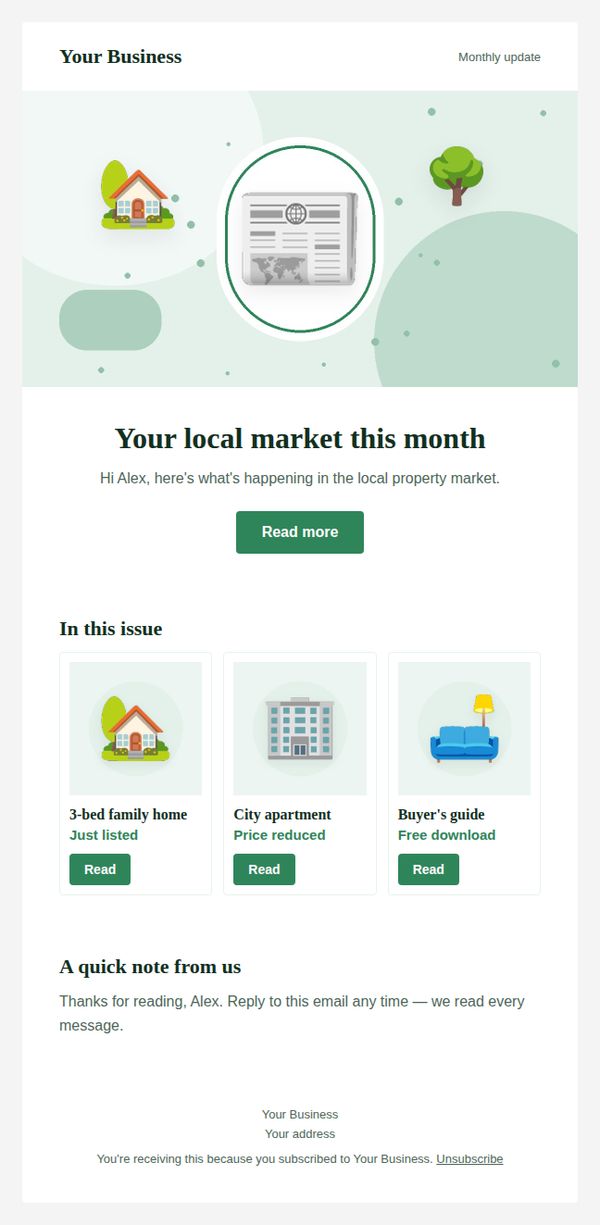 Monthly newsletter email template for real estate — full preview