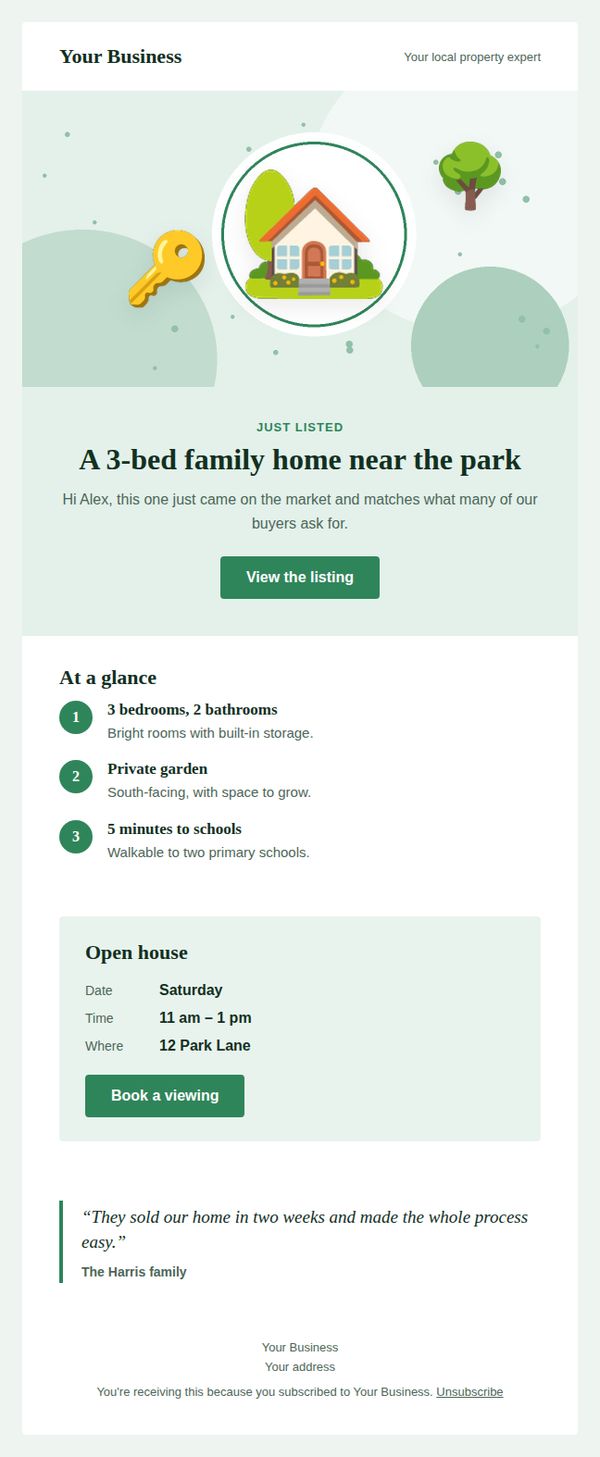 New listing alert email template for real estate — full preview