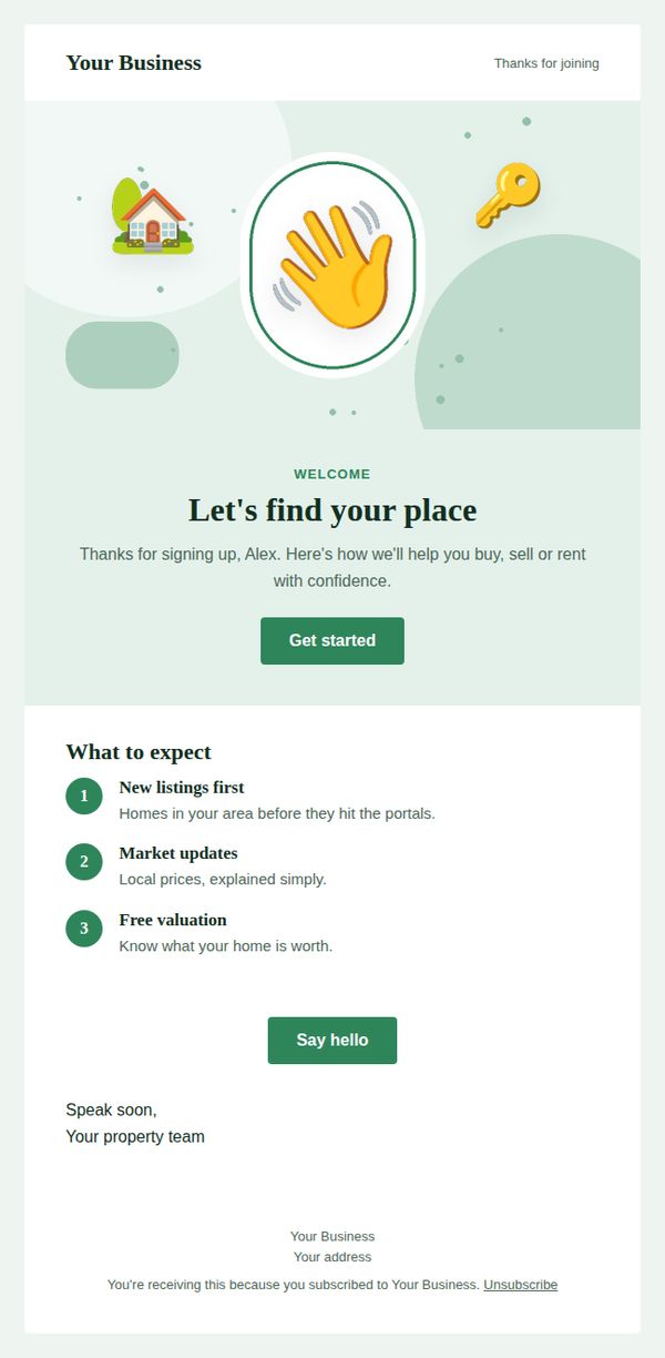 Welcome email email template for real estate — full preview