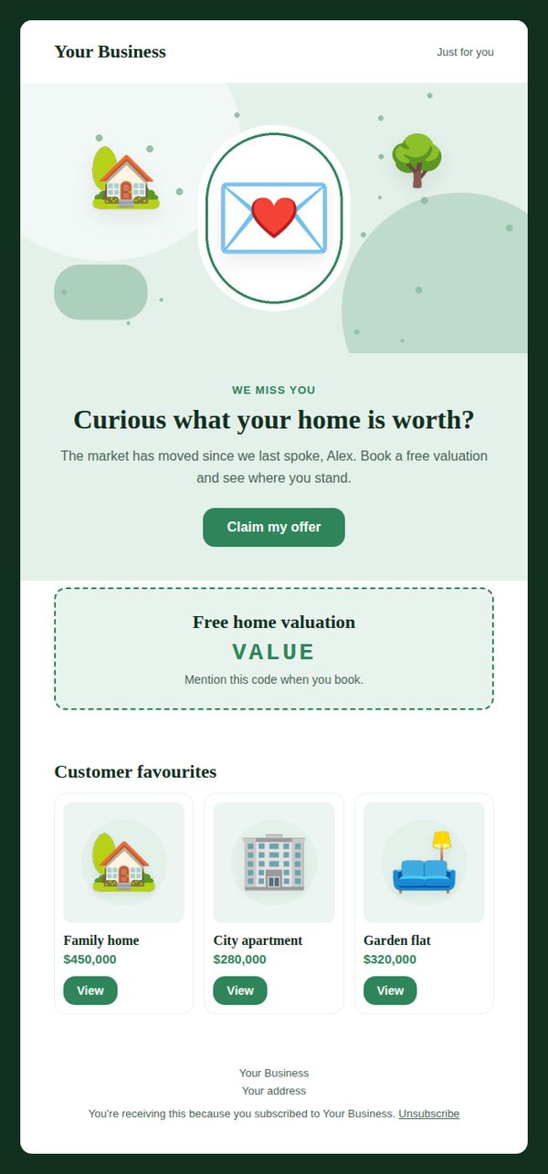 Win-back offer email template for real estate — full preview