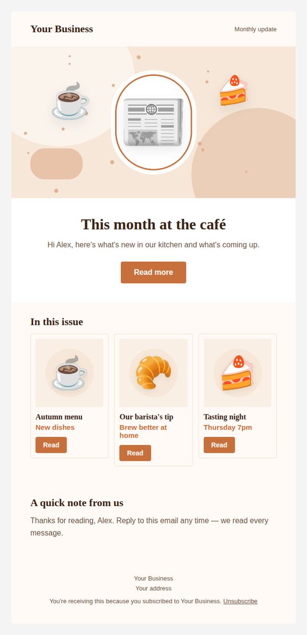 A monthly newsletter template with a tip, news and three linked cards