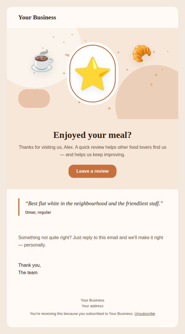 Review request email template for restaurants and cafés — full preview