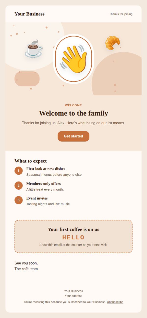Welcome email email template for restaurants and cafés — full preview
