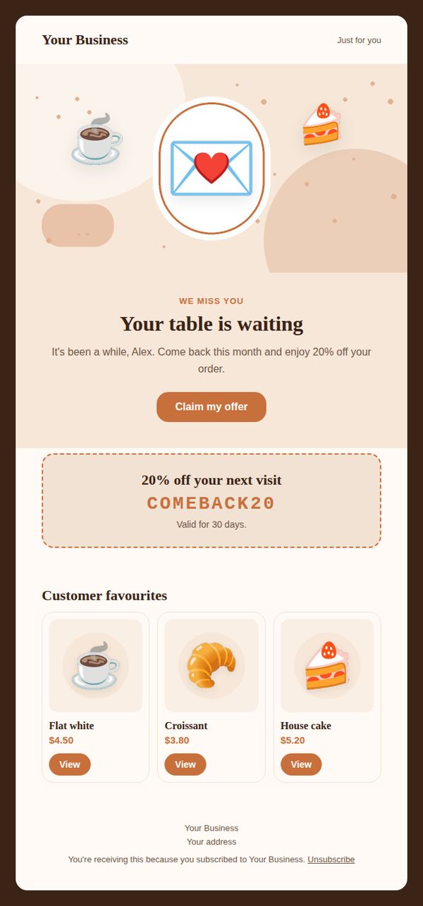 Win-back offer email template for restaurants and cafés — full preview