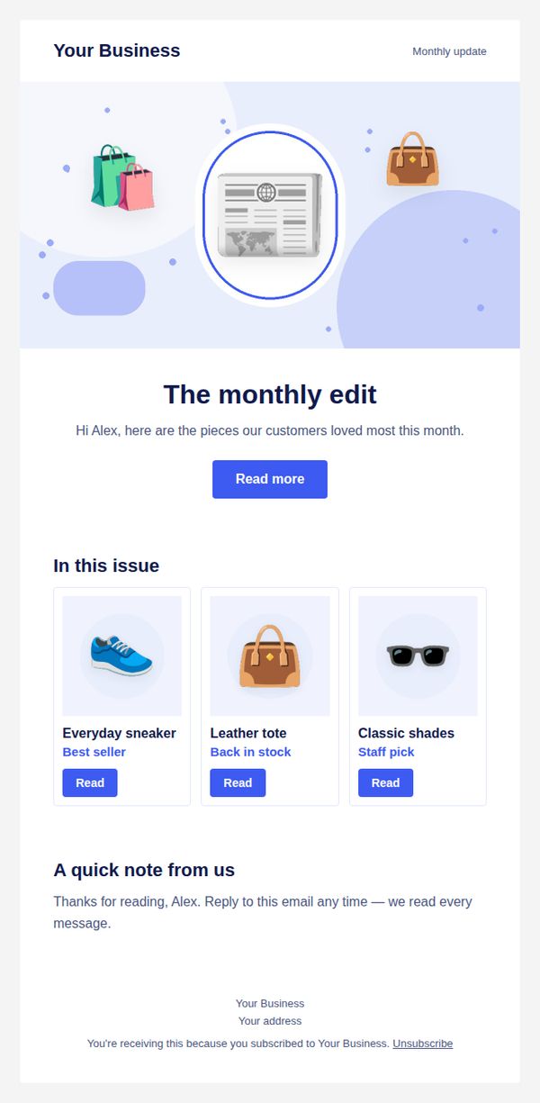 Monthly newsletter email template for retail and online shops — full preview