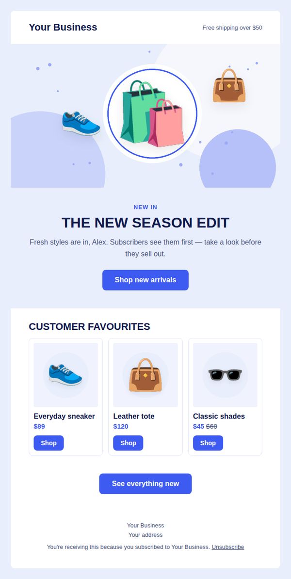 Example of a designed promotional email with a clear headline, offer and one button