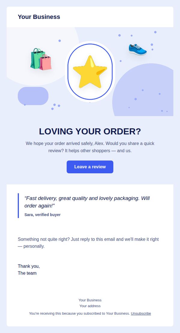 Review request email template for retail and online shops — full preview