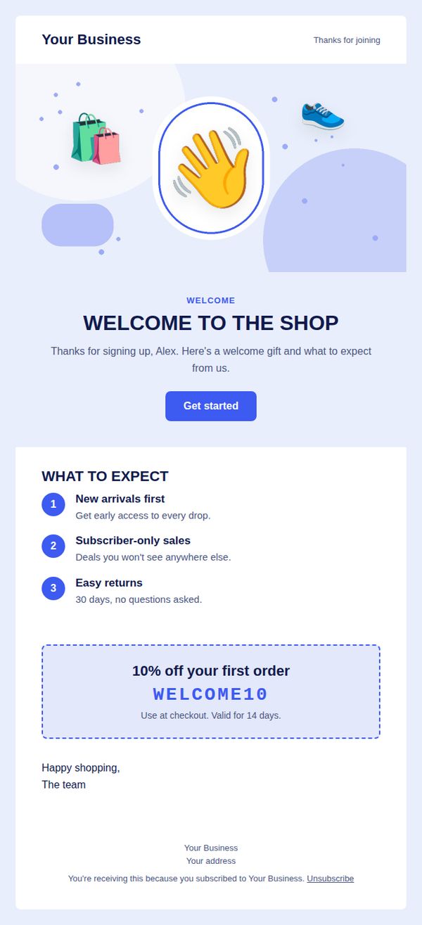 Welcome email email template for retail and online shops — full preview