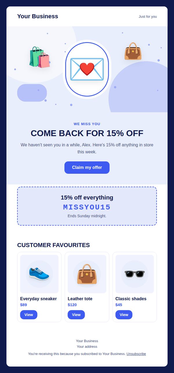 Win-back offer email template for retail and online shops — full preview