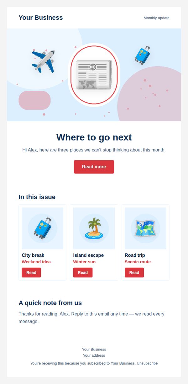Monthly newsletter email template for travel and events — full preview
