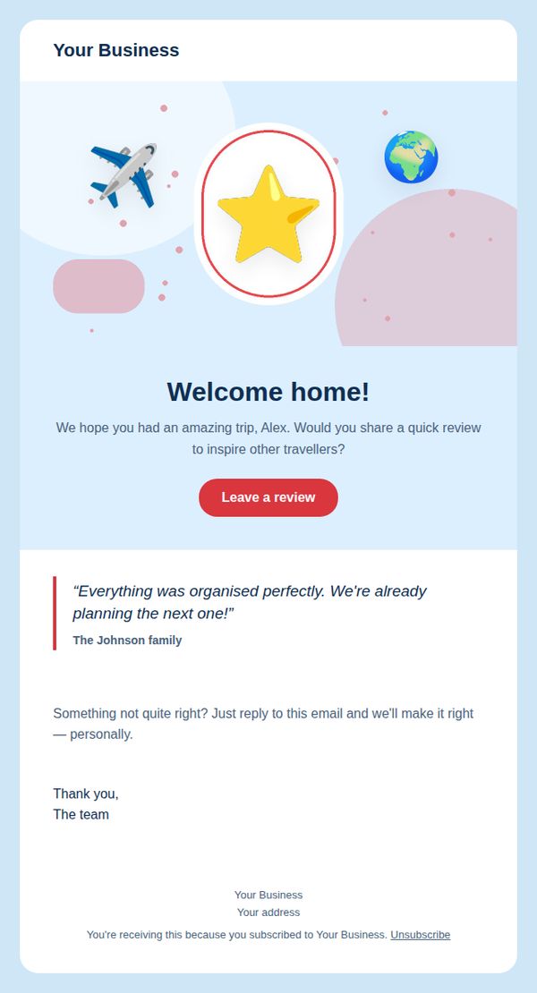Review request email template for travel and events — full preview