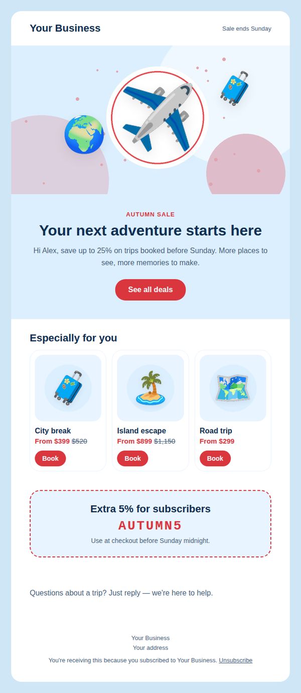 Seasonal travel sale email template for travel and events — full preview