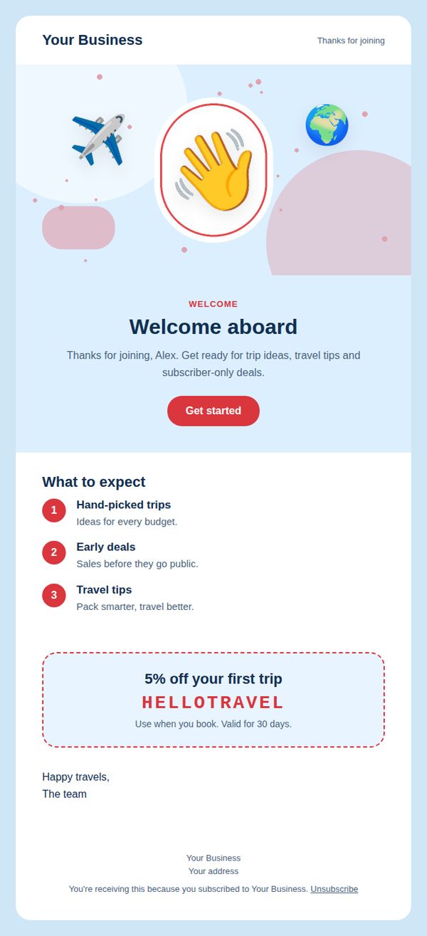 Welcome email email template for travel and events — full preview