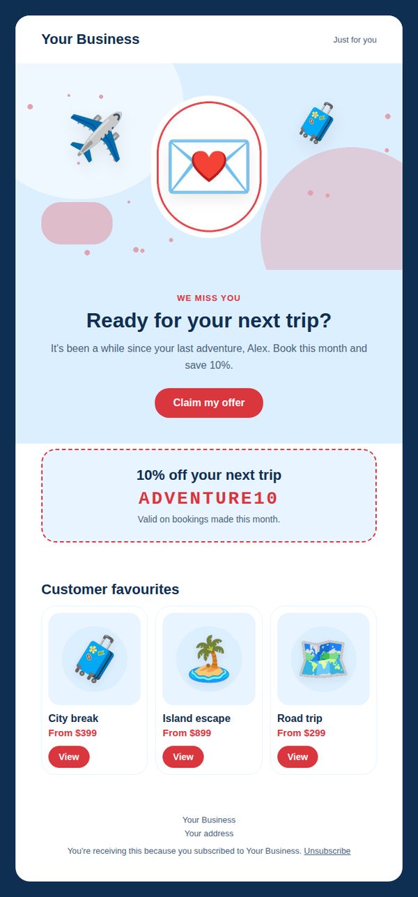 Win-back offer email template for travel and events — full preview